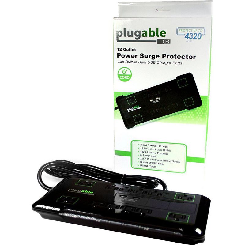 Plugable Surge Protector Power Strip with USB and 12 AC Outlets, Built-in 10.5W 2-Port USB Charger for Android, Apple iOS, and Windows Mobile Devic...