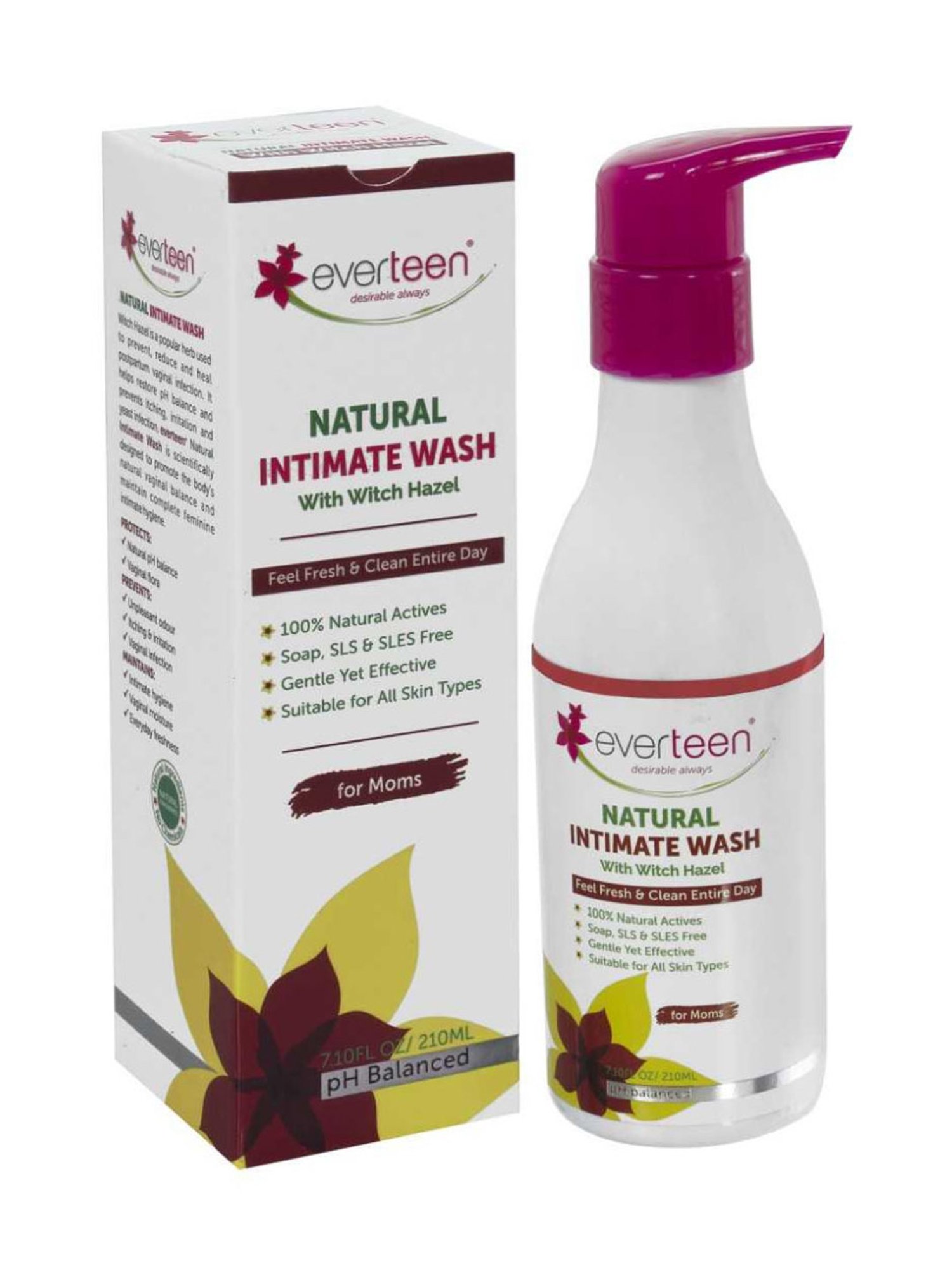 everteen Witch Hazel Natural Intimate Wash for Feminine Hygiene in Moms - 210 ml Each (Pack of 2)
