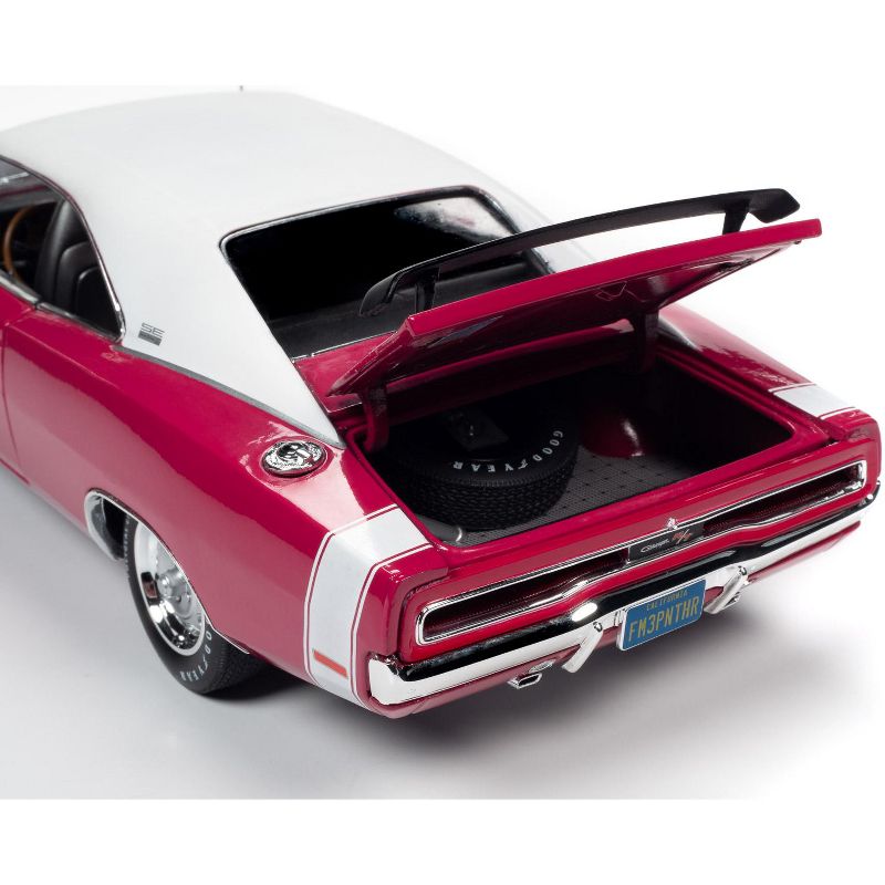 1970 Dodge Charger R/T SE 440 Hardtop Panther Pink with White Top and Stripe and Black Stripes "Class of 1970" 1/18 Diecast Model Car by Autoworld