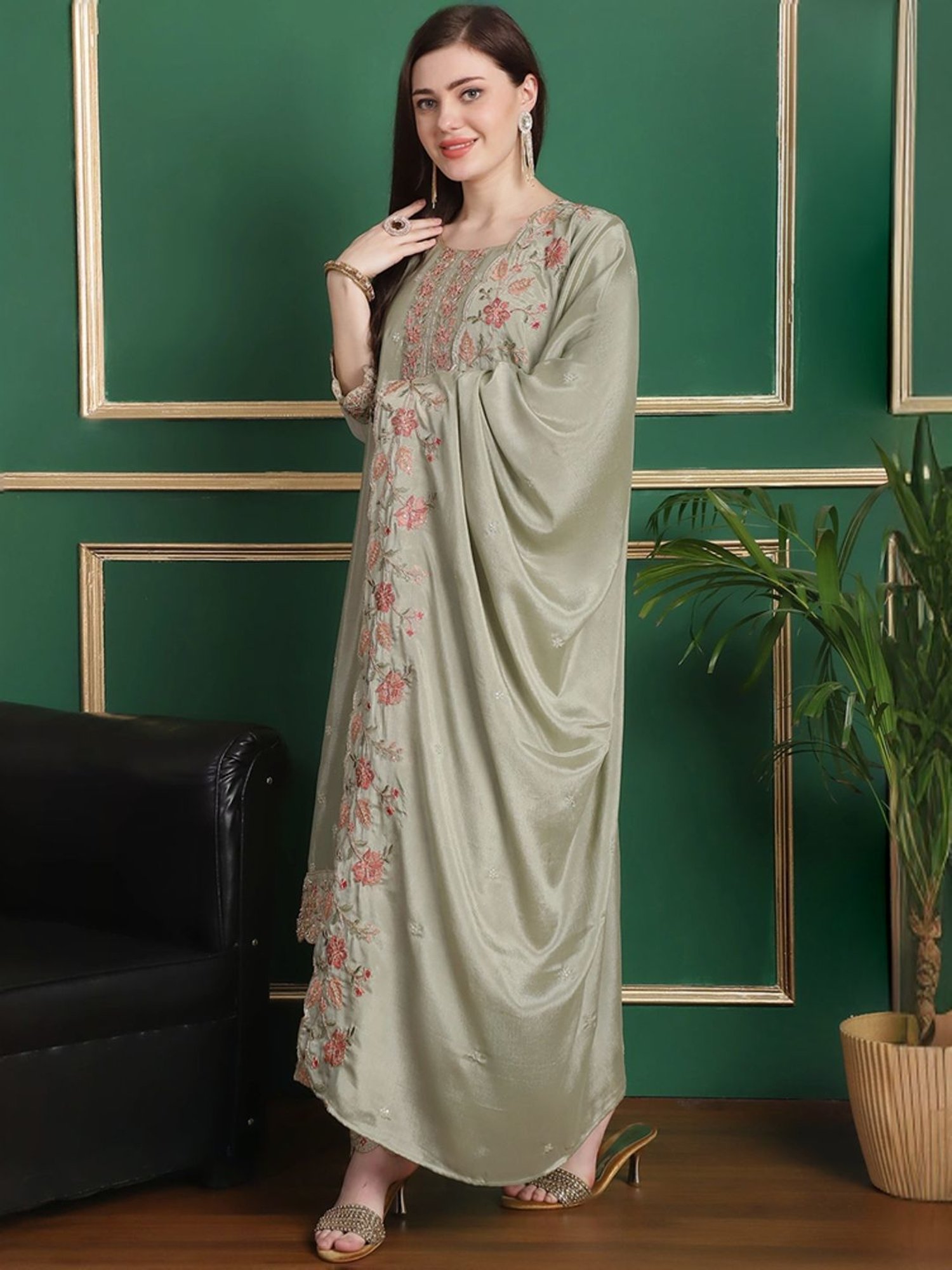 Stylee LIFESTYLE Olive Green Embroidered Unstitched Dress Material