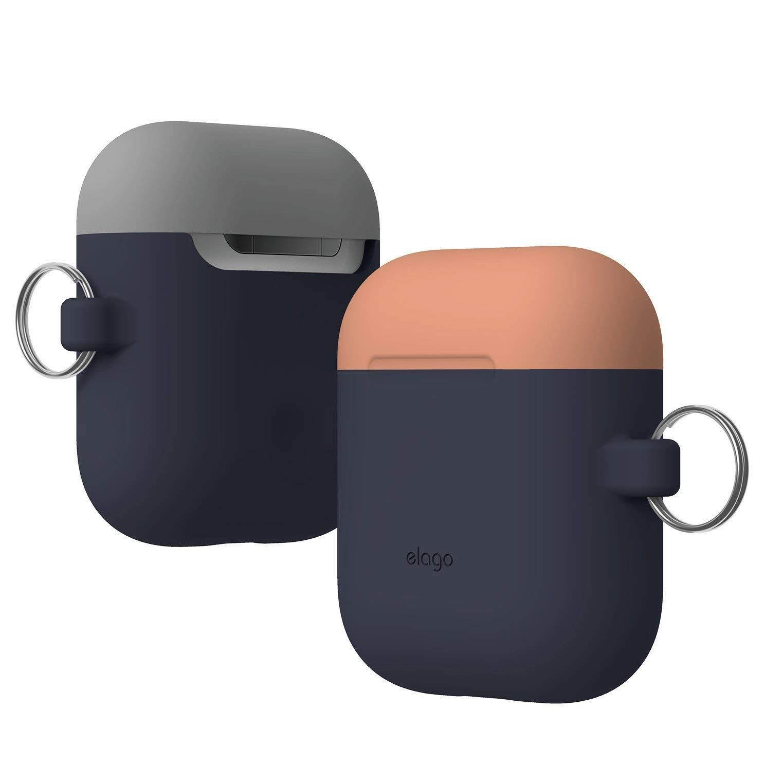 elago AirPods Duo Hang Case [Body:Jean Indigo/TOP:Peach, Grey] - [Extra Protection] [Hassle Free][Added Carabiner] - for AirPods Case