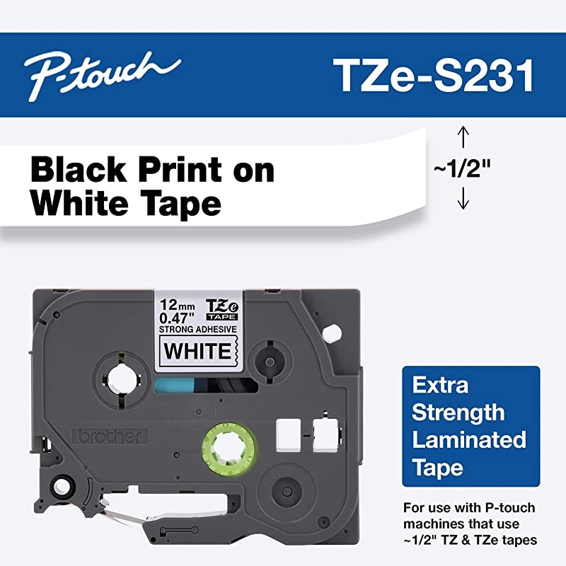 Genuine Ptouch TZES231 Label Tape 12quot 047quot Extra Strength Adhesive Laminated Ptouch Tape Black on White Laminated for Indoor or Outdoor Use Water Resistant 262 Feet 8M SinglePack