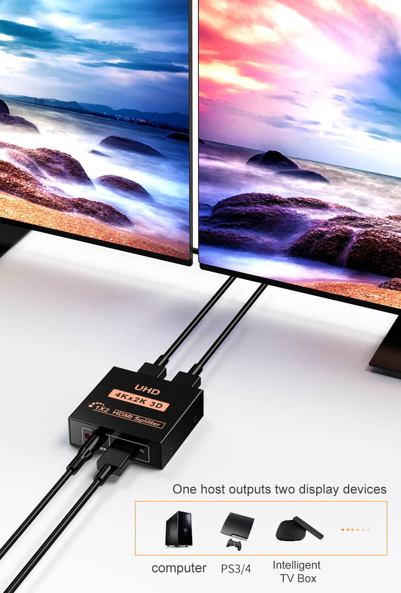 4K 1X2 HDMI Splitter 1 in 2 Out HDMI Switch 3D HD Splitter 2 Ports HUB HDMI Repeater for HDMI Adapter Dual Display for HDTV/DVD/Projector