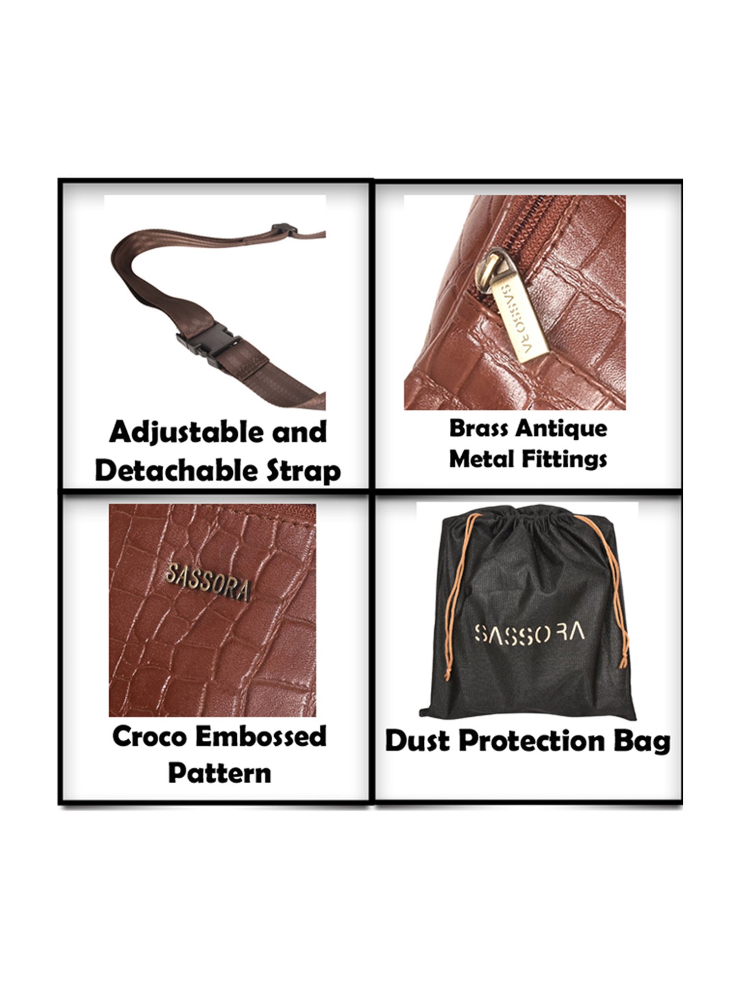 SASSORA Eefa Cognac Textured Leather Medium Belt Bag