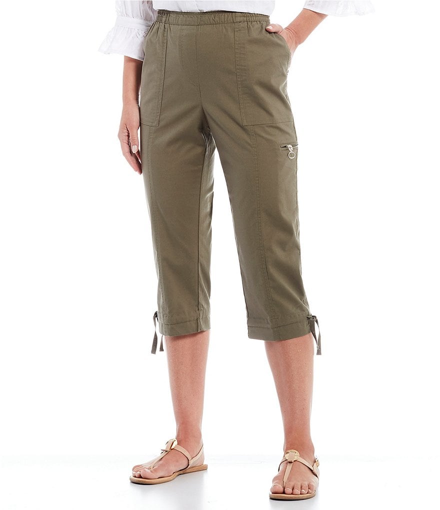 Allison Daley Stretch Side Back Elastic Waist Pull-On Tie-Hem Details Capri Pants