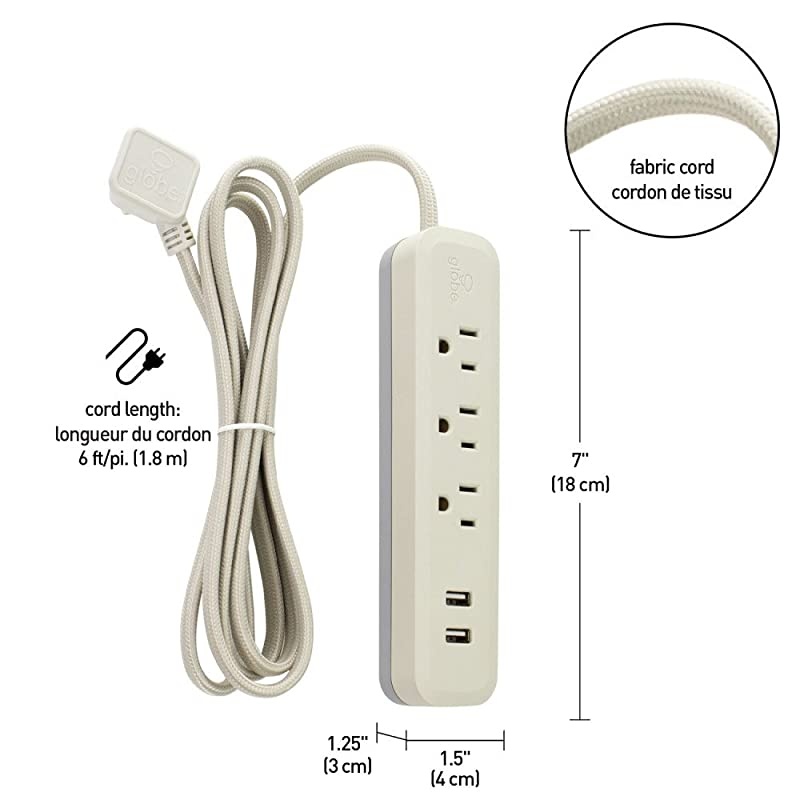 Electric Designer Series 6ft 3Outlet USB Surge Protector Power Strip 2x USB Ports Right Angle Plug Taupe Rubberized Finish 78388
