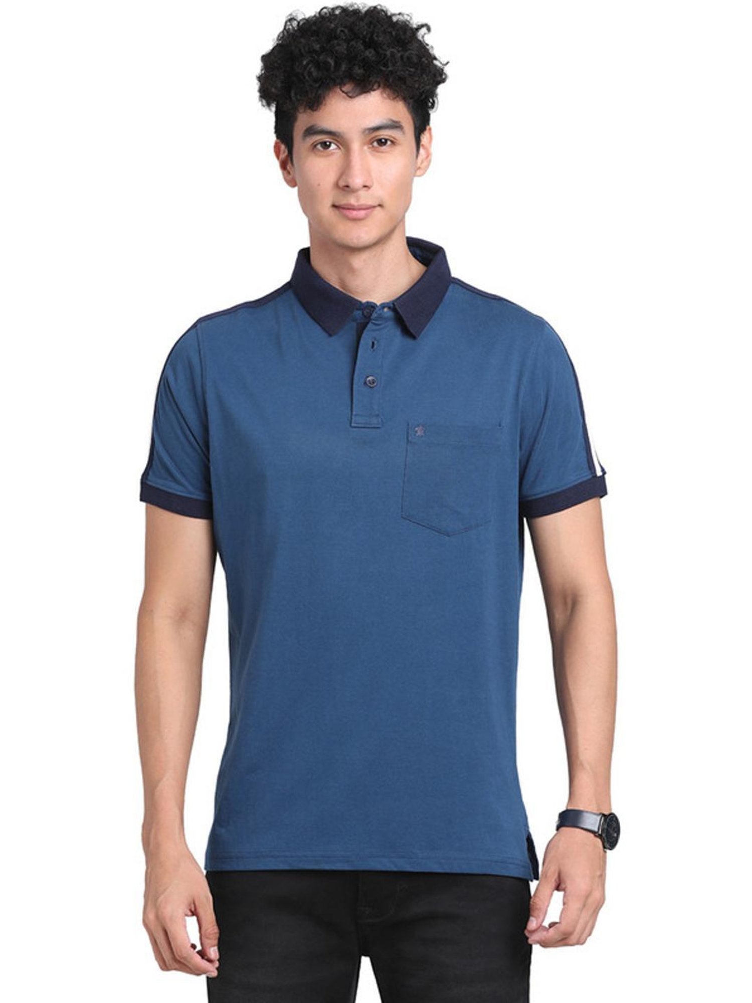 Turtle Blue Cotton Slim Fit Striped Polo T-Shirts