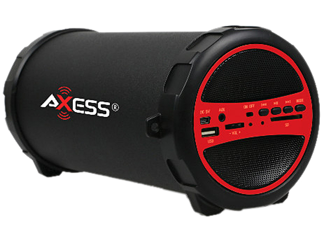 Axess SPBT1031-RD Portable Bluetooth Hi-Fi Cylinder Loud Speaker with SD Card, USB, AUX And FM Inputs, 3" Sub