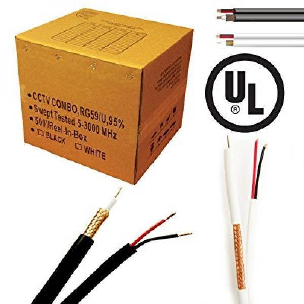 Economical RG-59/U Siamese cable. 500FT, 18/2AWG POWER cable, 20AWG COAX Cable, Black Color