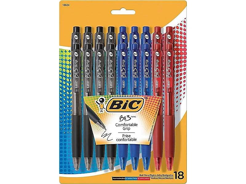 BIC BU3 Grip Retractable Ball Pen, Medium Point (1.0 mm), Assorted Colors, 18-Count
