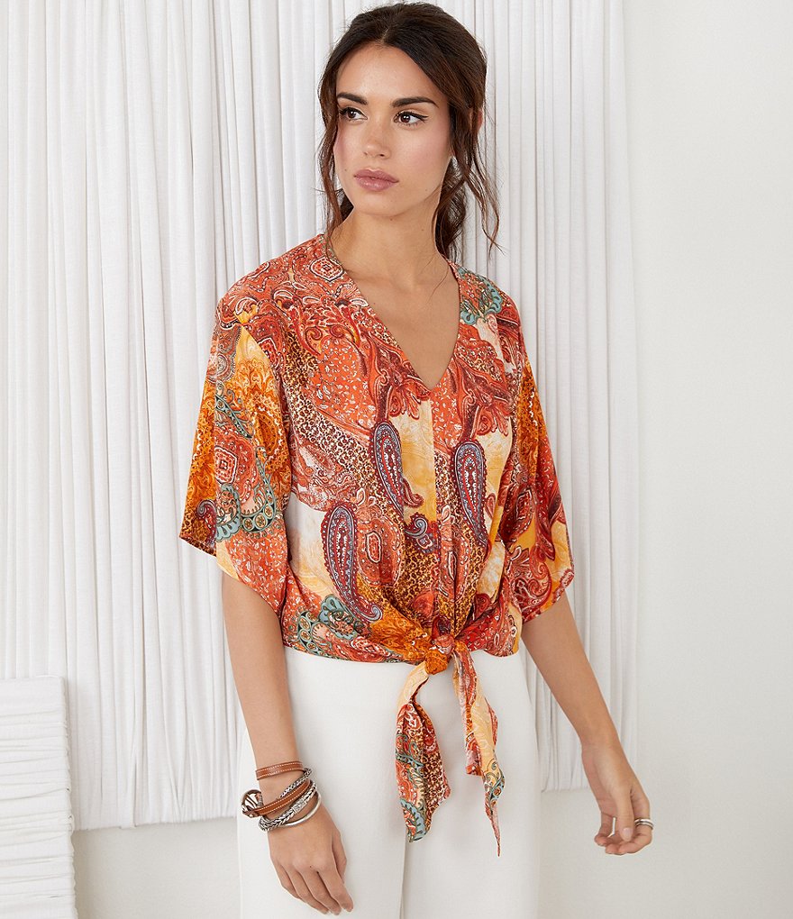 Karen Kane Short Sleeve Paisley V-Neck Tie-Front Top