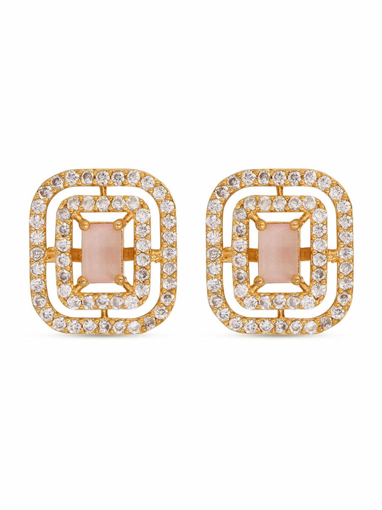 ToniQ Luxurious Gold-Plated American Diamond & Pink Stone Studded Geometric Stud Earrings for Women