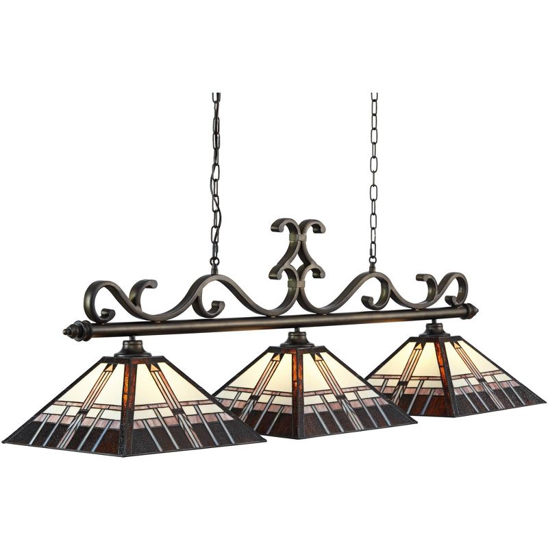 Robert Louis Tiffany Bronze Linear Island Pendant Chandelier 56" Wide Tiffany Style Alfred Art Glass 3-Light Fixture for Kitchen