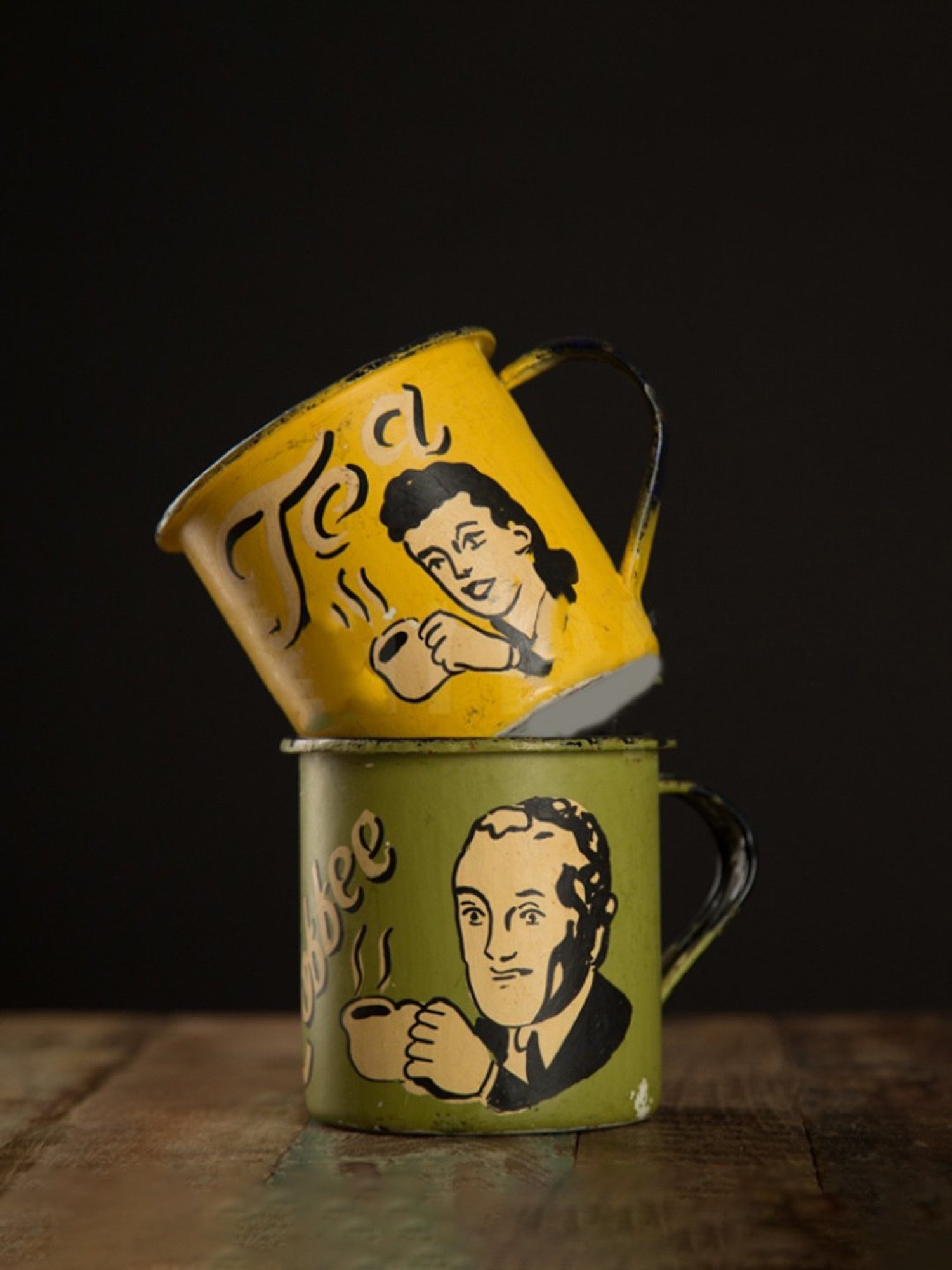 Artisans Rose Hand-painted Yellow & Green Enamel Vintage Mugs - Set of 2