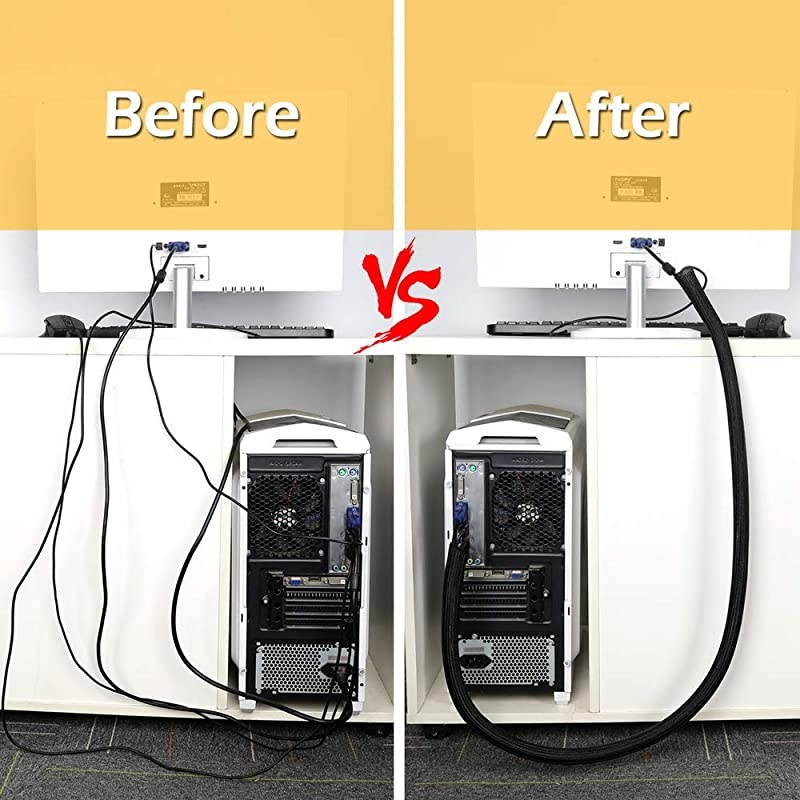 Cable Management Sleeve  2 x 52ft 34 inch Expandable Braided Cable Sleeve + 1 x 10ft Cable Ties for TV PC Home Theater Cord Organizer 3 Pieces