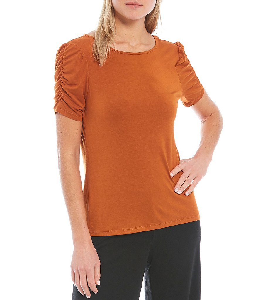 Calvin Klein Solid Knit Round Neck Ruched Short Sleeve Top