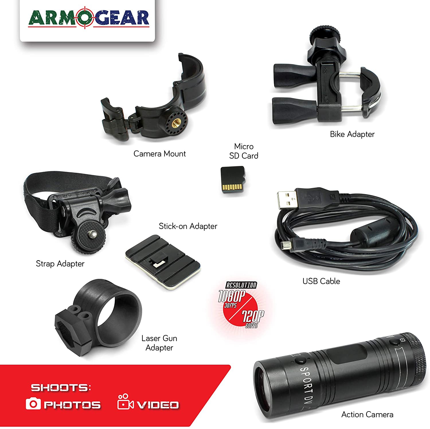 Armogear Kids Action Camera with Video Recording &ndash; Action Camera Mount on Bike, Helmet, or Laser Gun &ndash; Great Sports Accessory for Kids