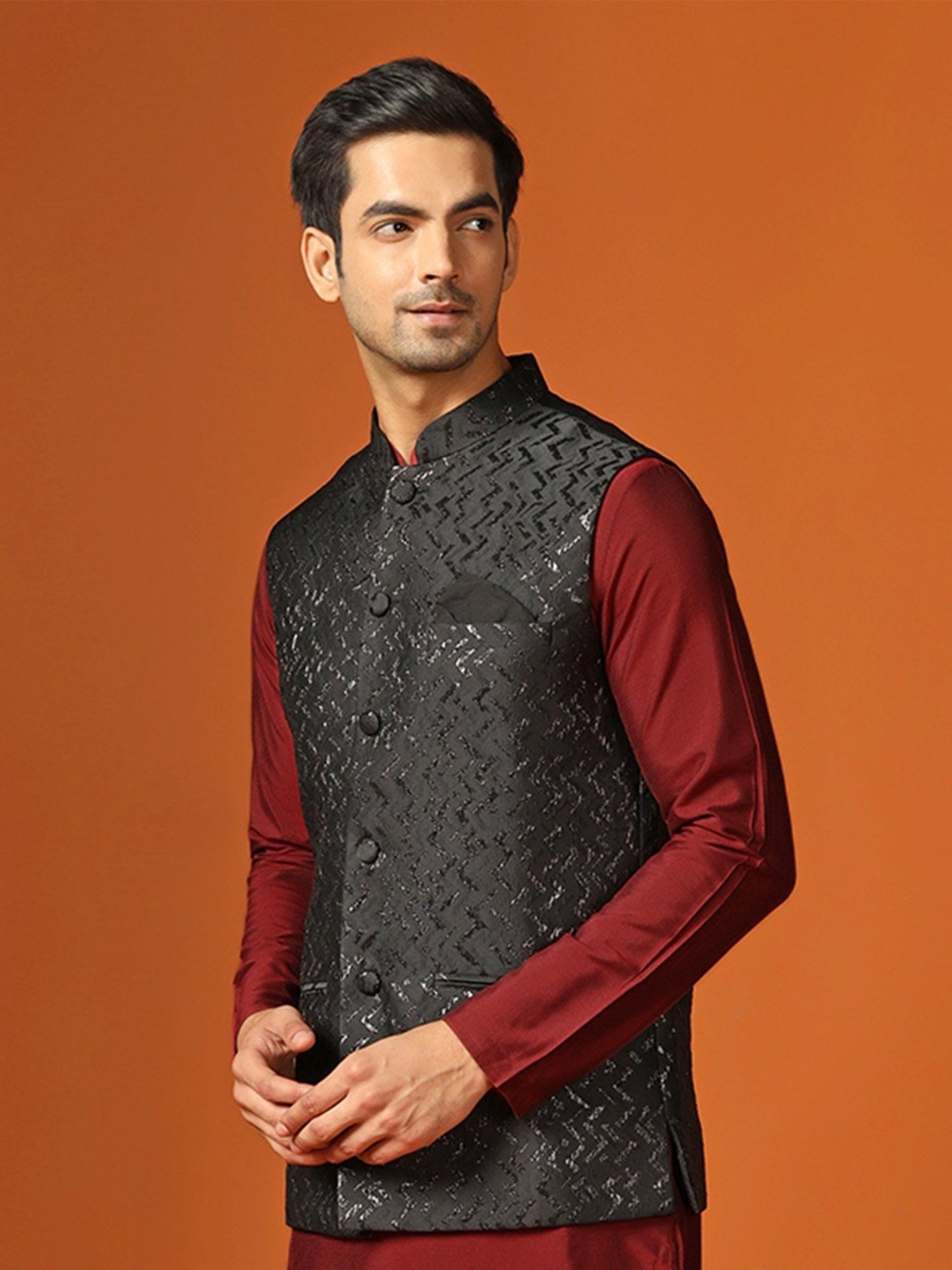 KISAH Black Regular Fit Self Pattern Nehru Jacket