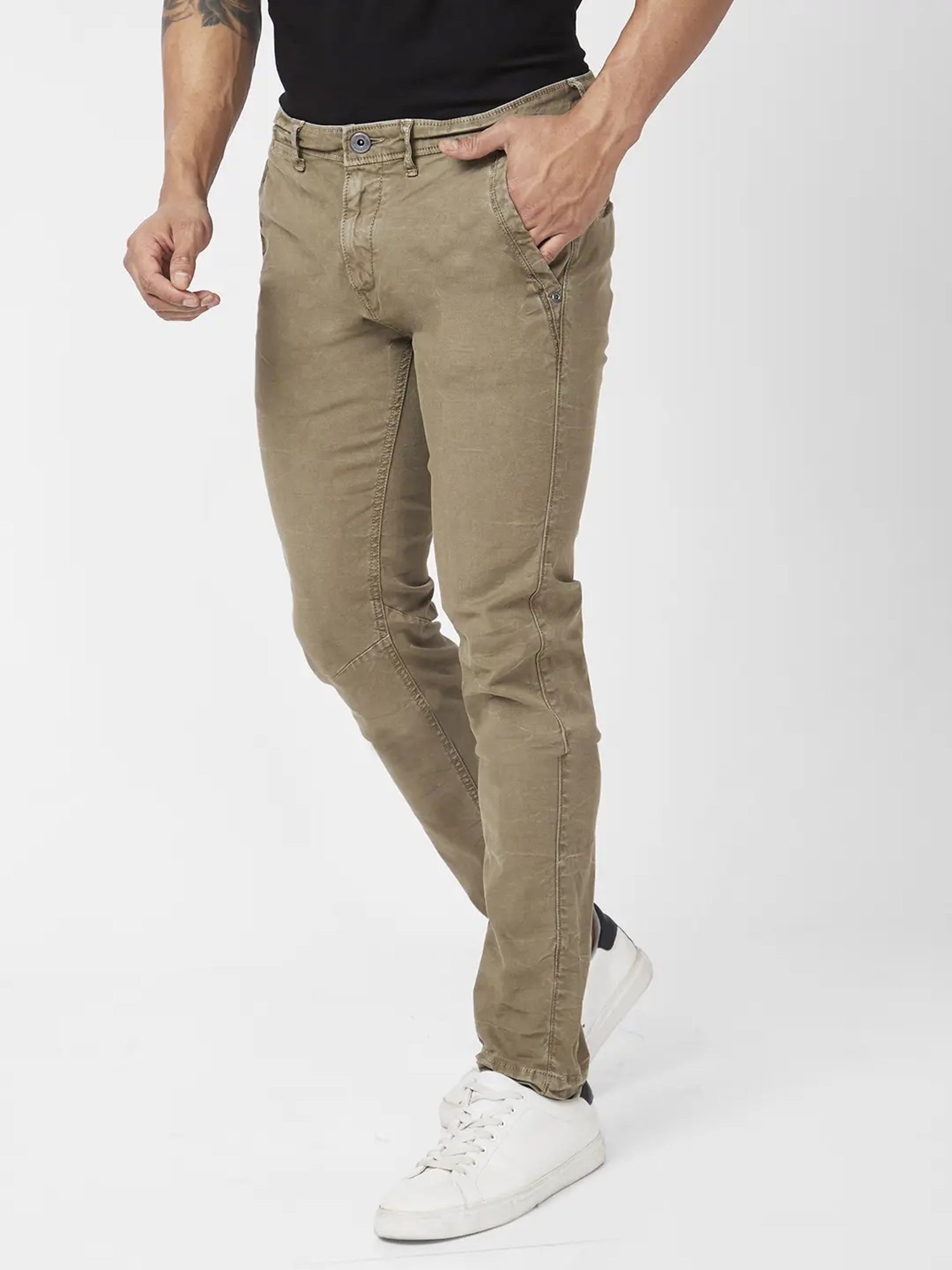 Spykar Moss Green Cotton Slim Fit Chinos