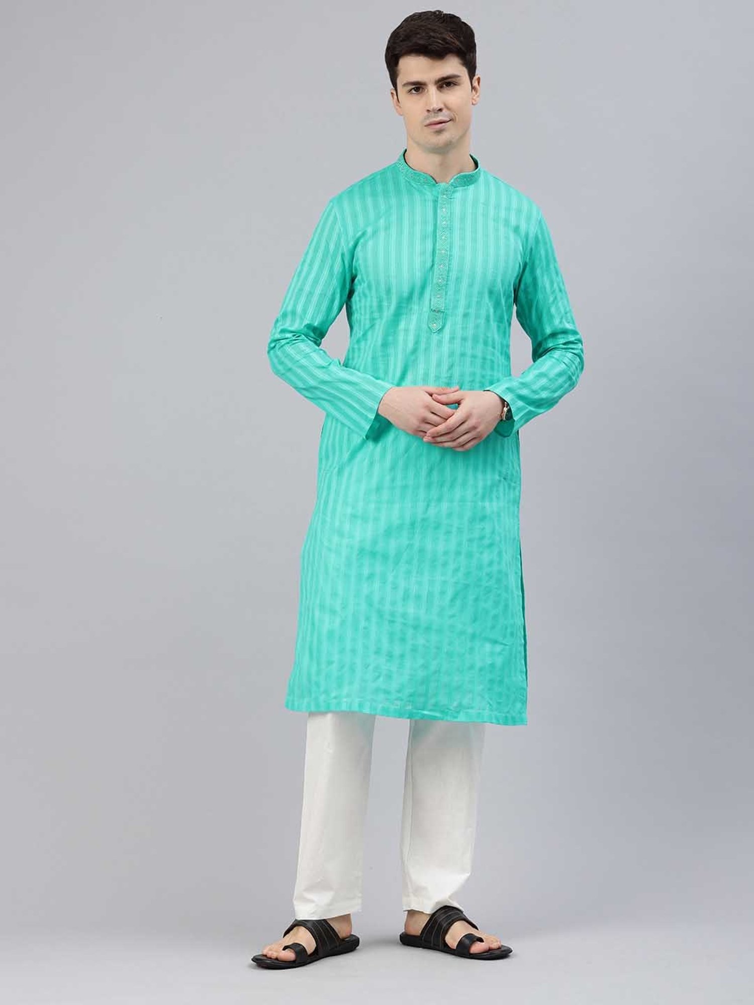 Manthan Mint Green & White Regular Fit Self Design Kurta & Pyjamas Set