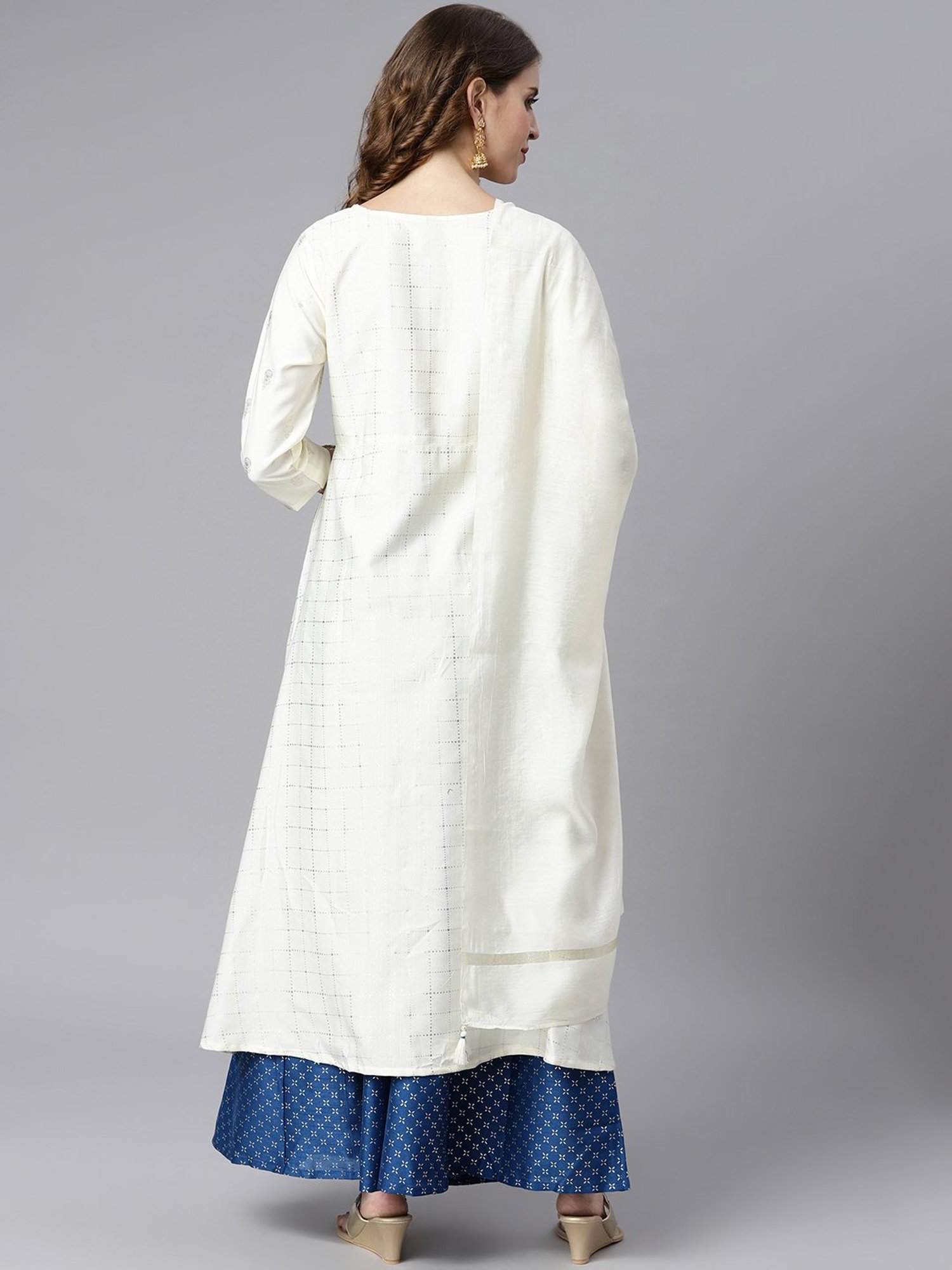Janasya White & Blue Round Neck Kurta With Palazzo & Dupatta