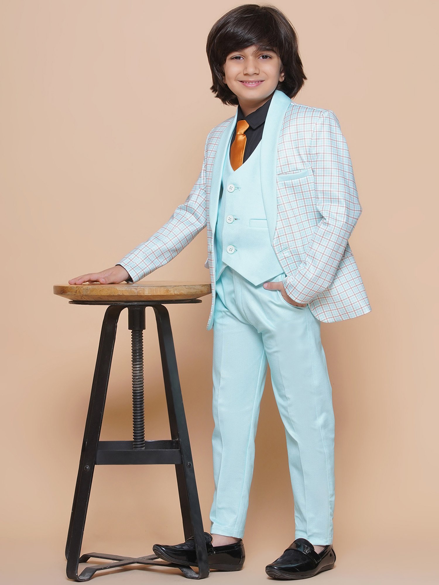 AJ Dezines Kids Sky Blue Checks Full Sleeves Shirt, Pants, Coat, Waistcoat with Tie