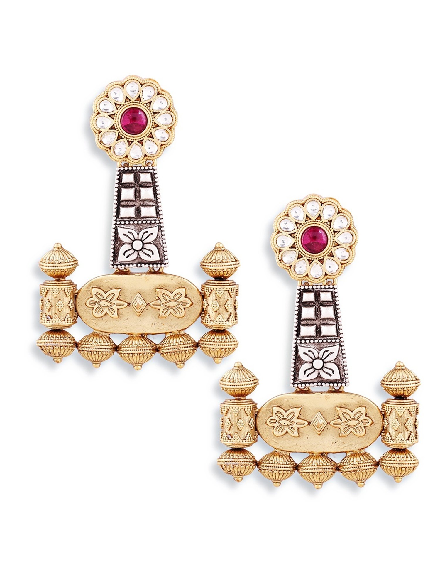 Abdesigns Geometric Oxidised Silver Plated Two Tone Earrings