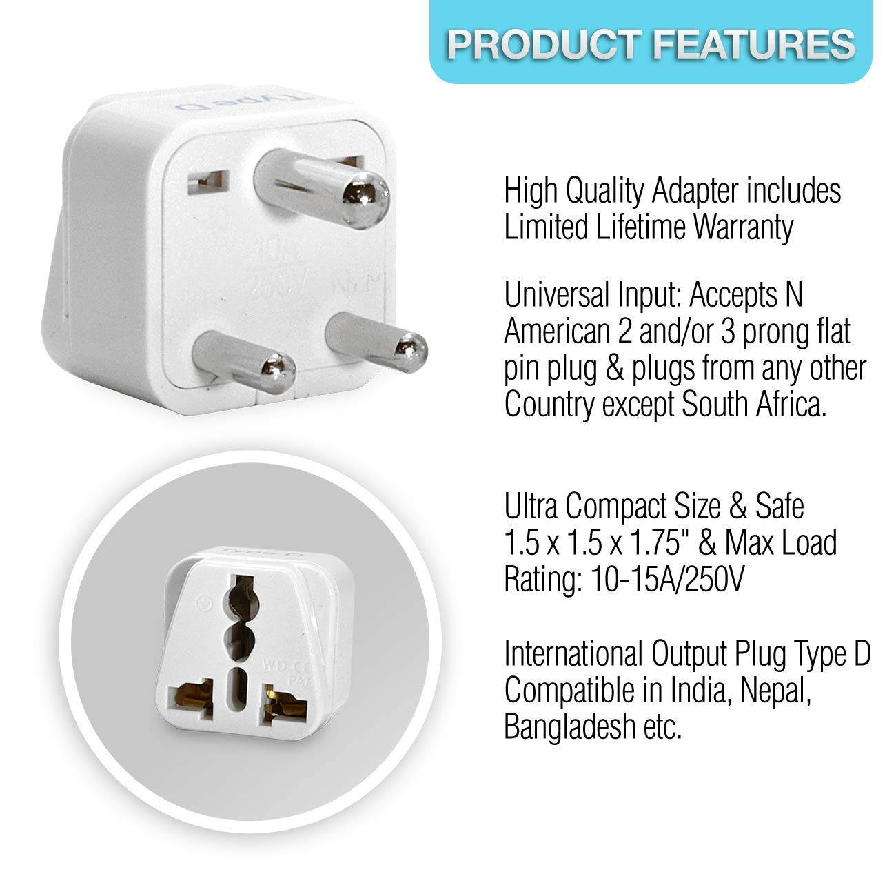 Ceptics India, Pakistan, Nepal, Bangladesh Travel Plug Adapter (Type D), Universal Socket Plug Accepts Plugs From any Country, Perfect for Cell Phones, Laptop - 3 Pack (GP-10)