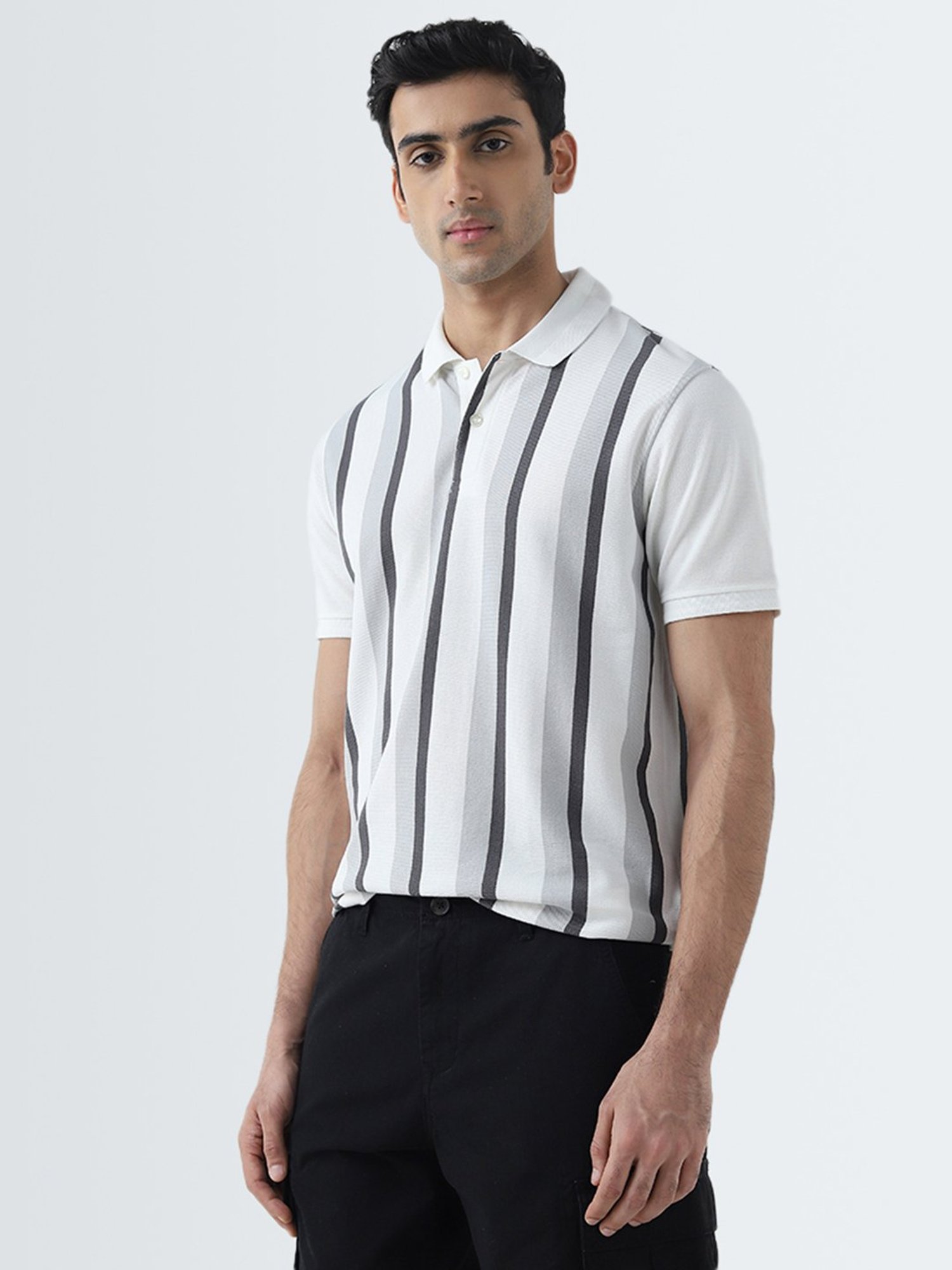 WES Casuals by Westside Grey Striped Relaxed-Fit Polo T-Shirt