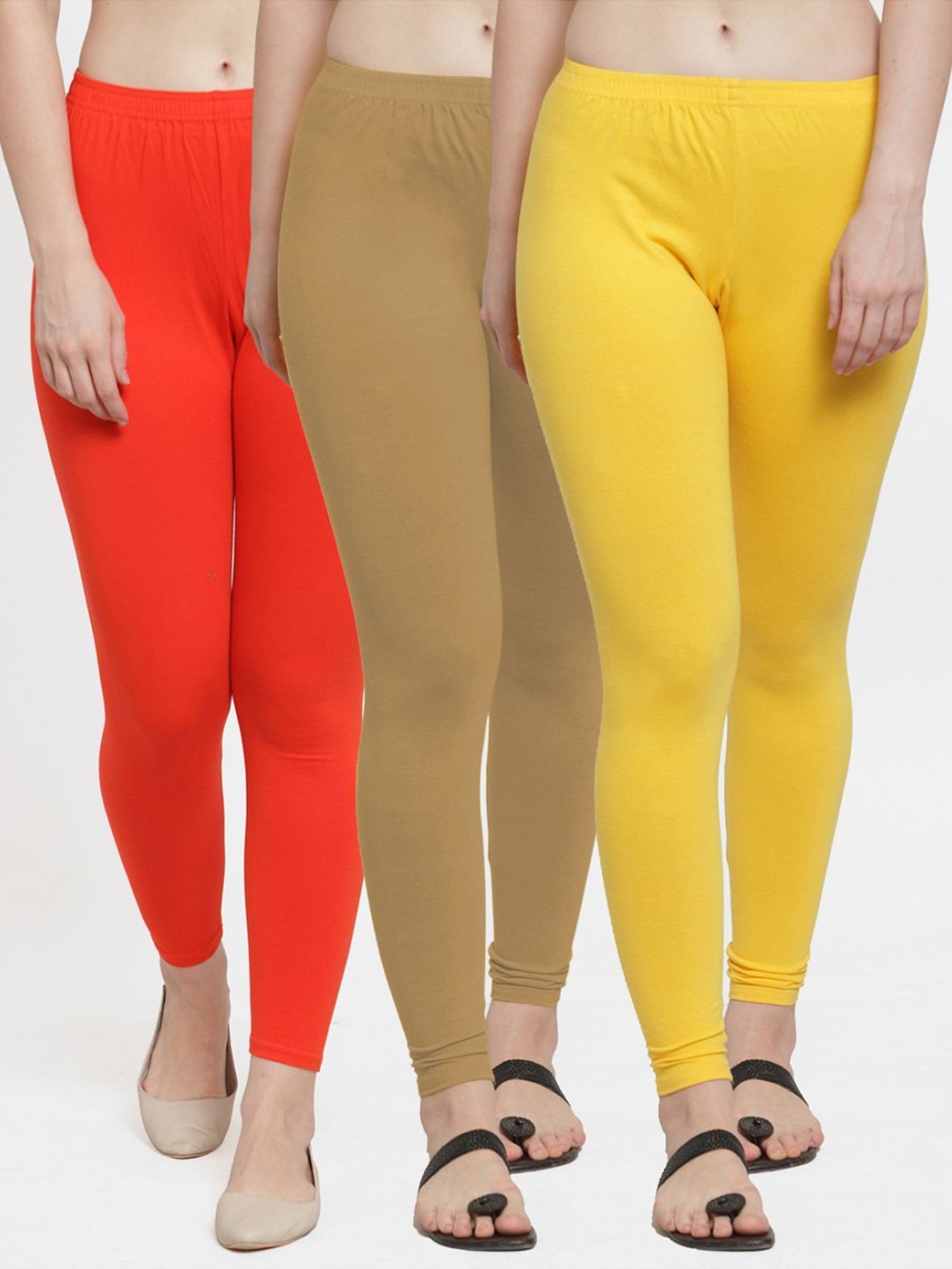 Gracit Yellow & Orange Mid Rise Leggings - Pack Of 3