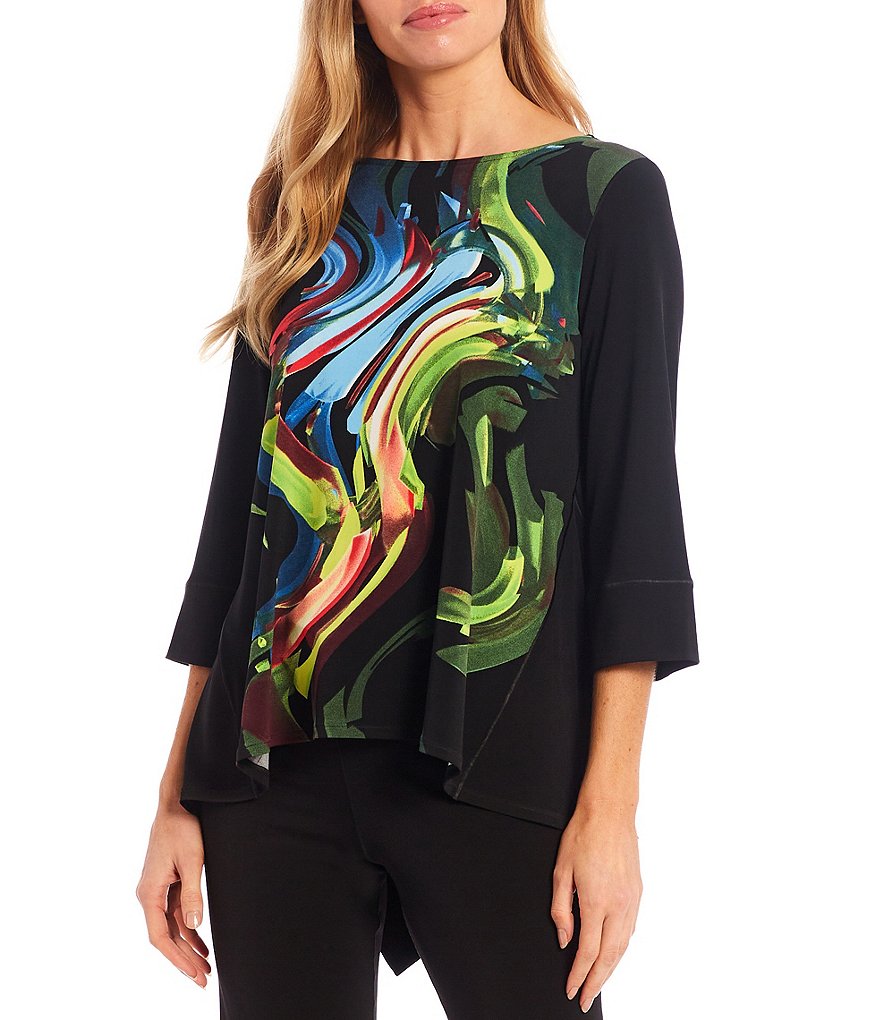 Eva Varro Evelyn Abstract Placement Print A-Line Hi-Low Boat Neck 3/4 Sleeve Tunic