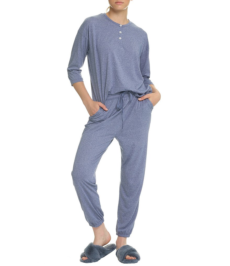 Papinelle Unwind Solid Knit 3/4 Sleeve Round Neck Henley Top & Jogger Pants Lounge Set