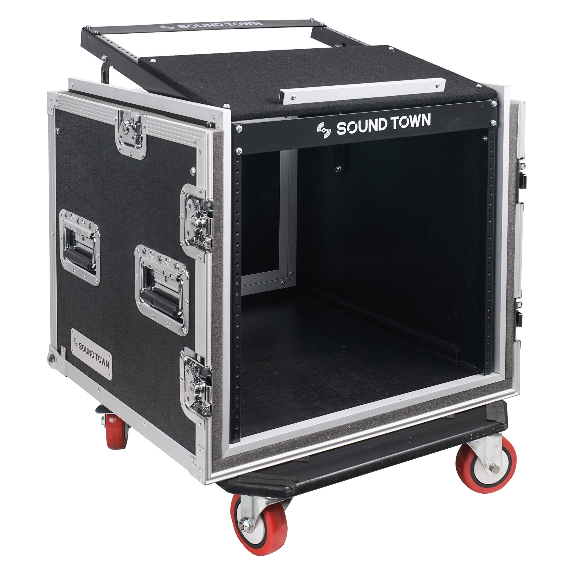 Sound Town Shock Mount 10U ATA Rack Case with 20&rdquo; Rackable Depth, 11U Slant Mixer Top and Casters, 10-Space Size (STMR-SP10UW)