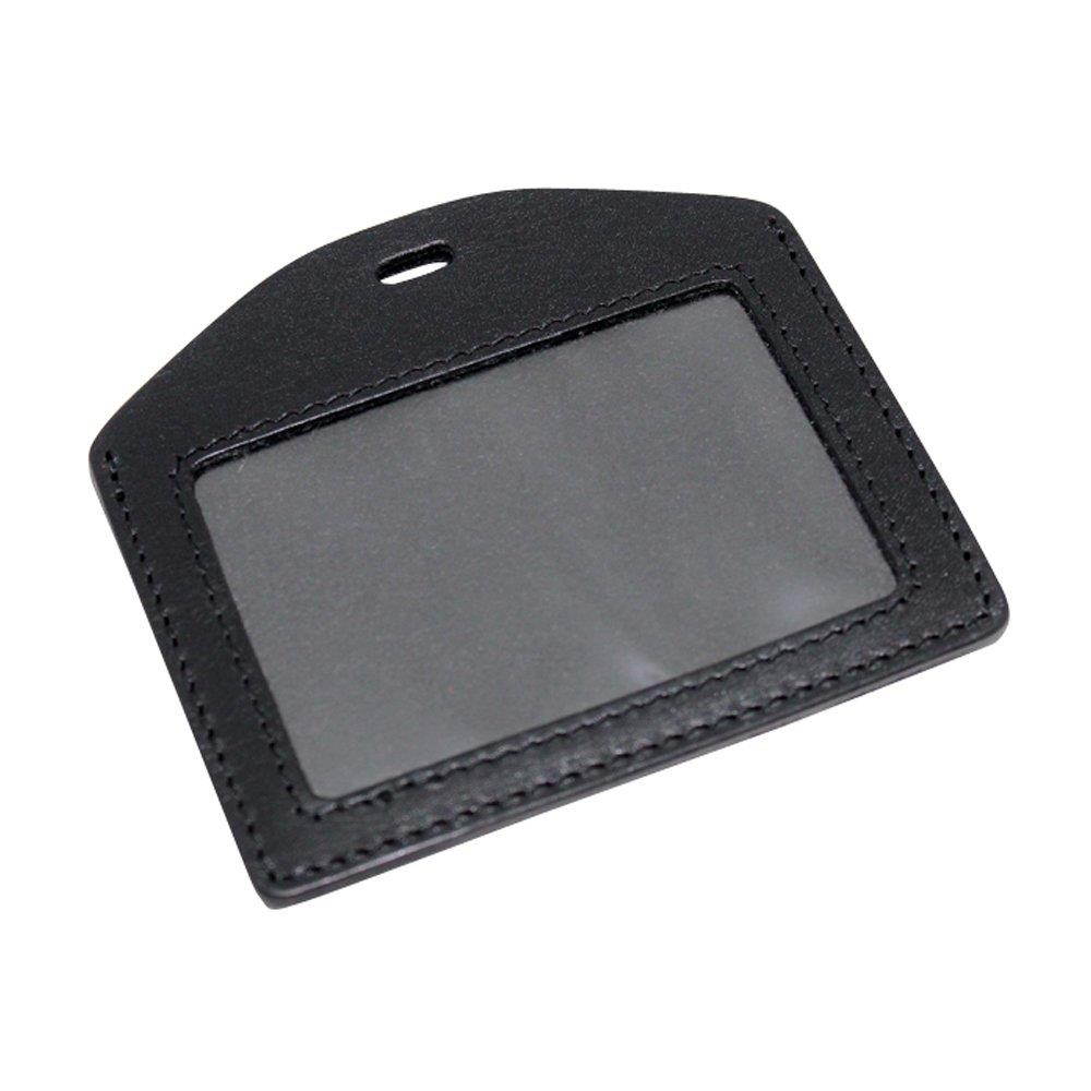 Boshiho Genuine Leather ID Card Badge Holder with Heavy Duty Lanyard Horizontal Style (Black)