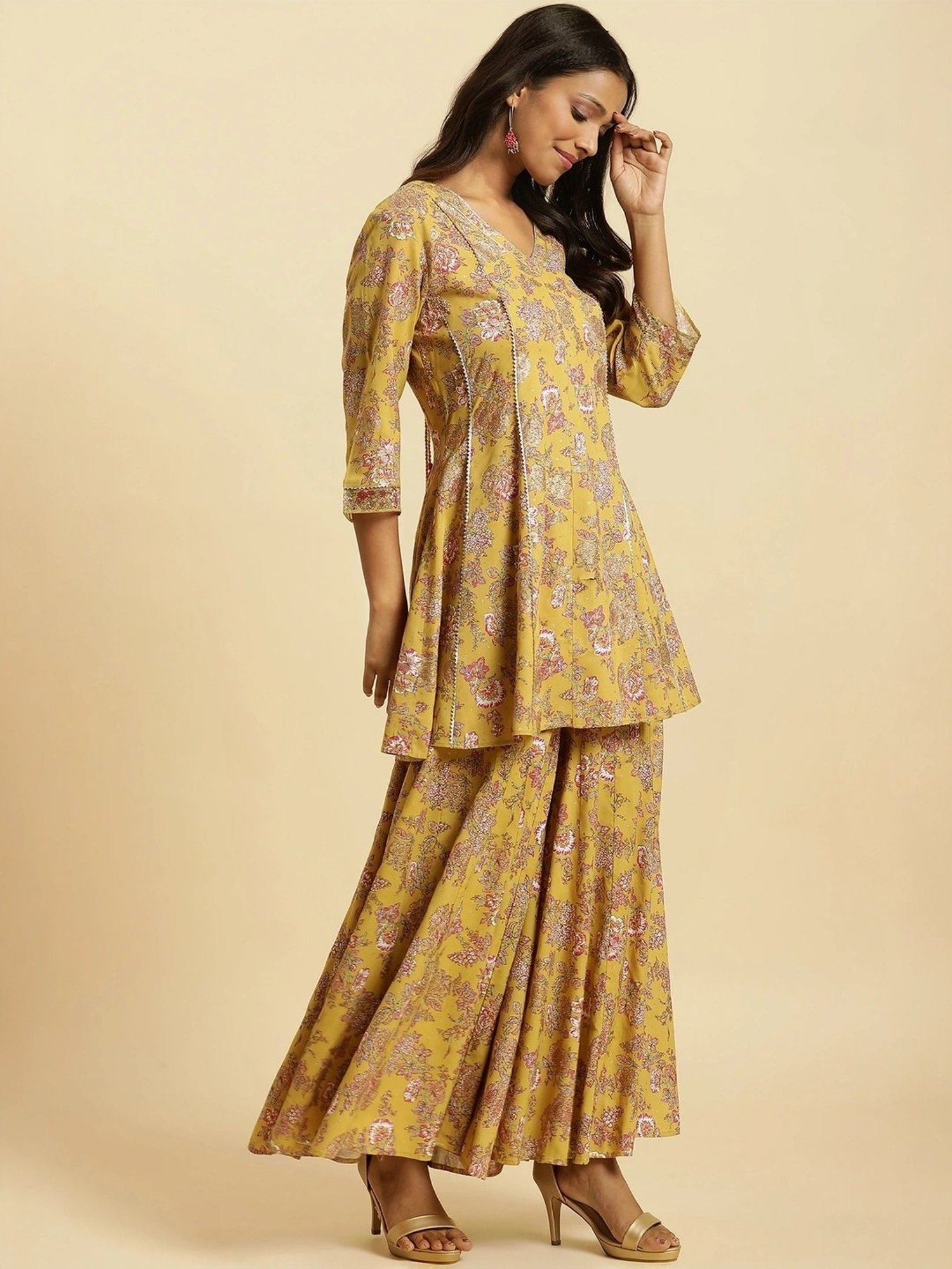 W Yellow Printed Kurti Sharara Set With Dupatta