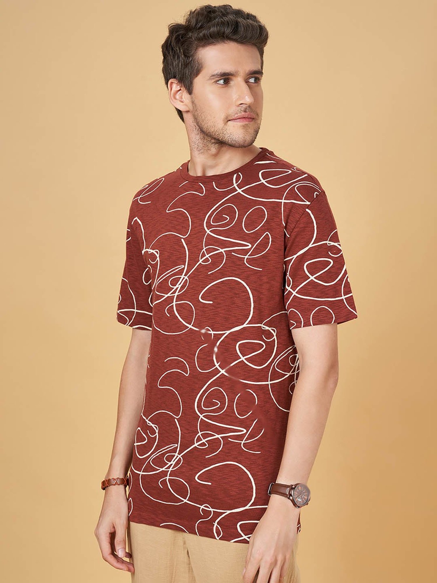 7 Alt by Pantaloons Coffee Cotton Relaxed Fit Printed T-Shirt