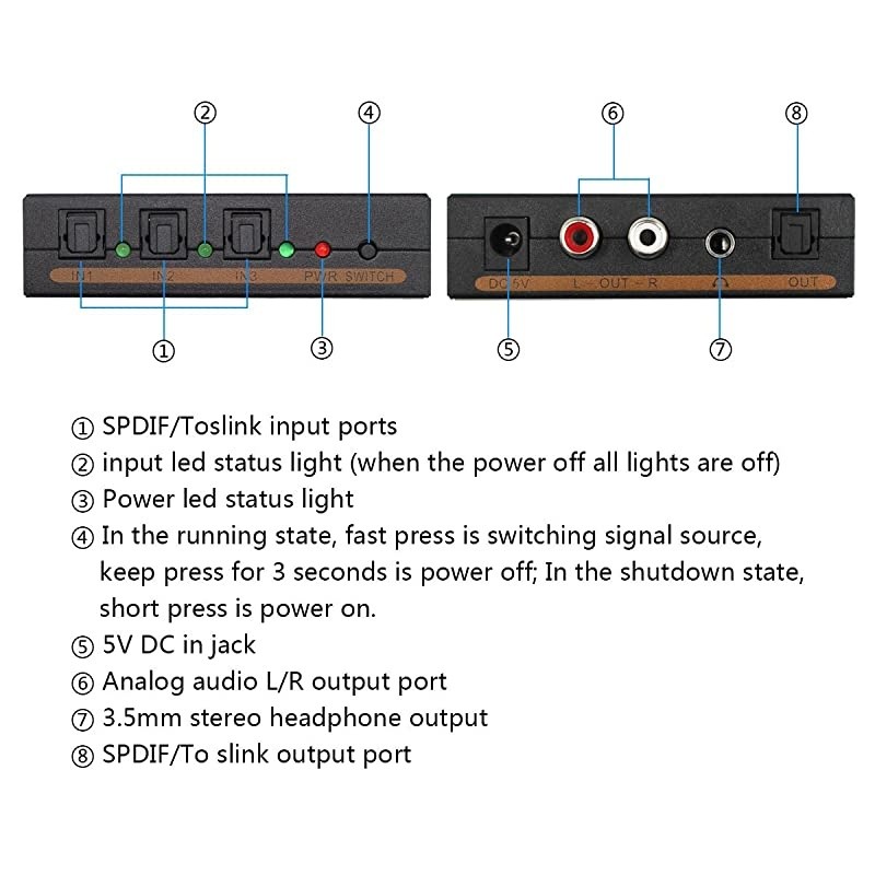 Toslink Switch 3x1 Digital Optical Audio Switch 3x1 with Analog RCA and 35mm Support 51CH 51CH LPCM20 DTS