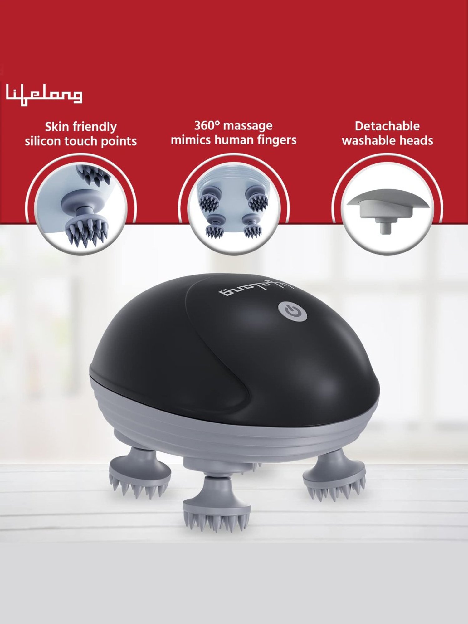 Lifelong LLM603 Hair Scalp Rechargeable Electric Head Kneading Massager, 4 Speed Modes (Black)