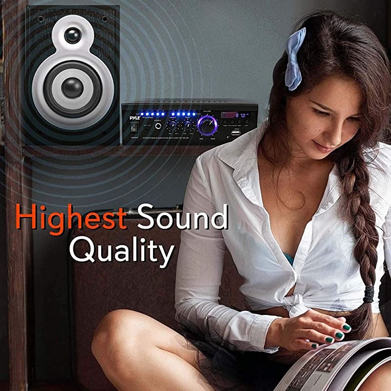 Wireless Bluetooth Home Stereo Amplifier 2x120 Watt Power Amplifier Home Audio Bluetooth Receiver System WBlue Led Display USBSD AUX RCA Headphone Jack Remote  PCAU46BA