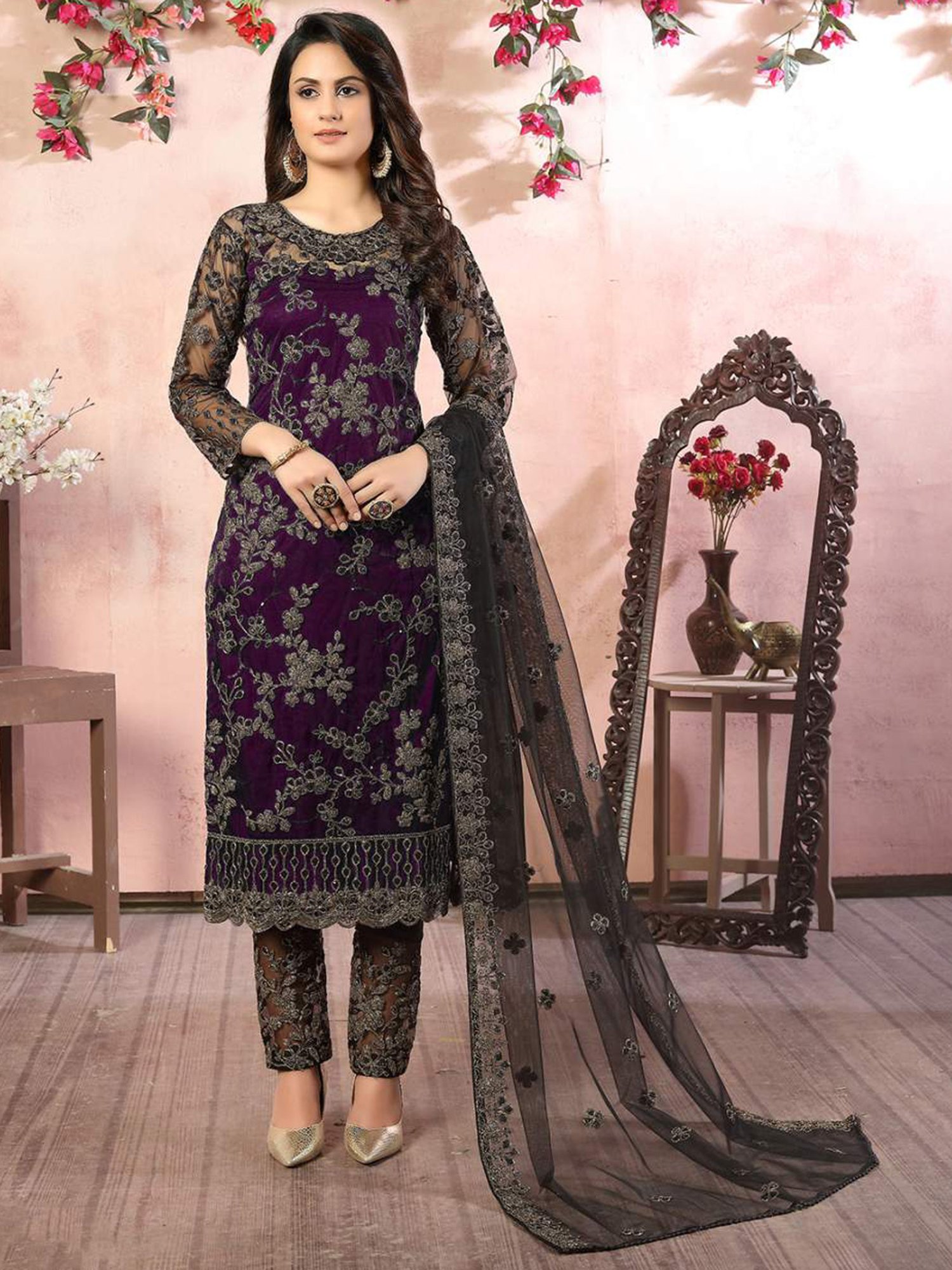 Odette Purple Embroidered Unstitched Dress Material