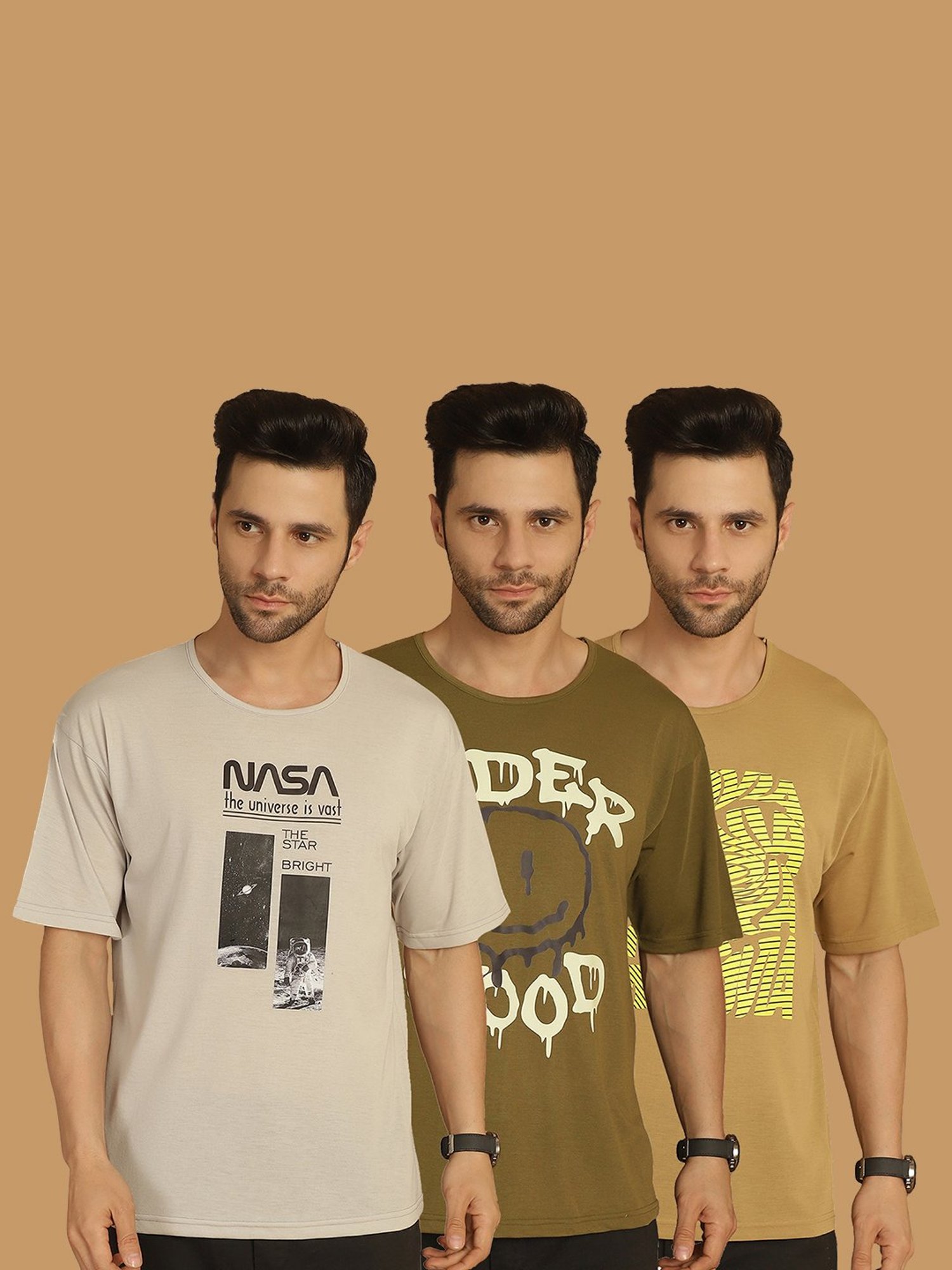 Vimal Jonney Multicolor Regular Fit Printed Crew T-Shirt - Pack of 3