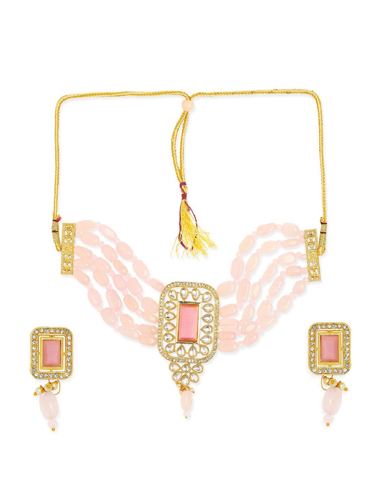 OOMPH Pink Opal Beads Ethnic Choker Set with Earrings