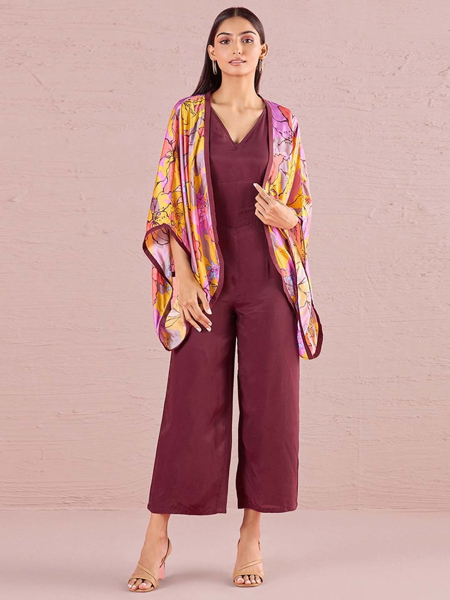 navyasa by liva Maroon & Yellow Printed Jumpsuit With Shrug