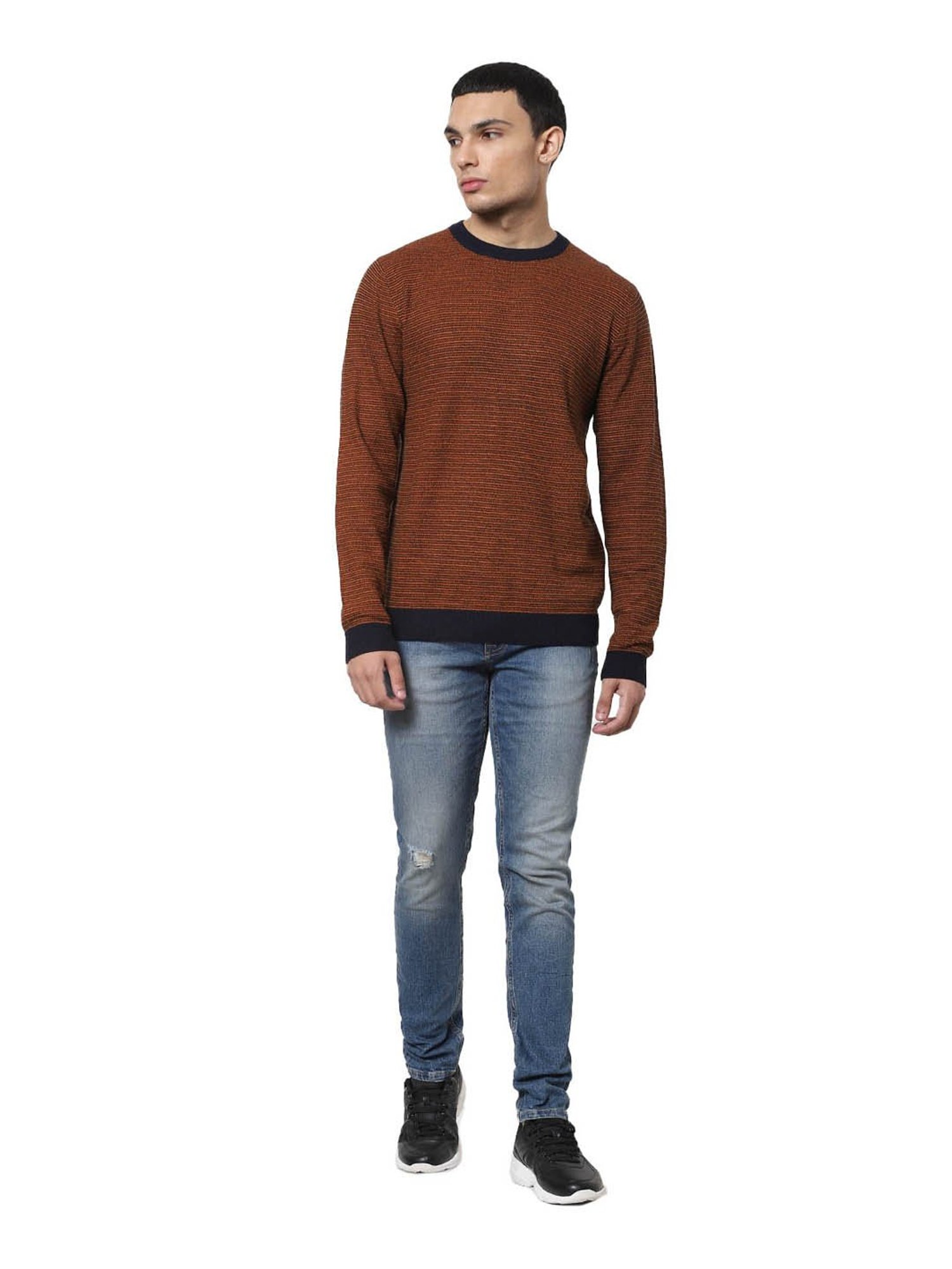 Jack & Jones Brown Self Striped Sweater