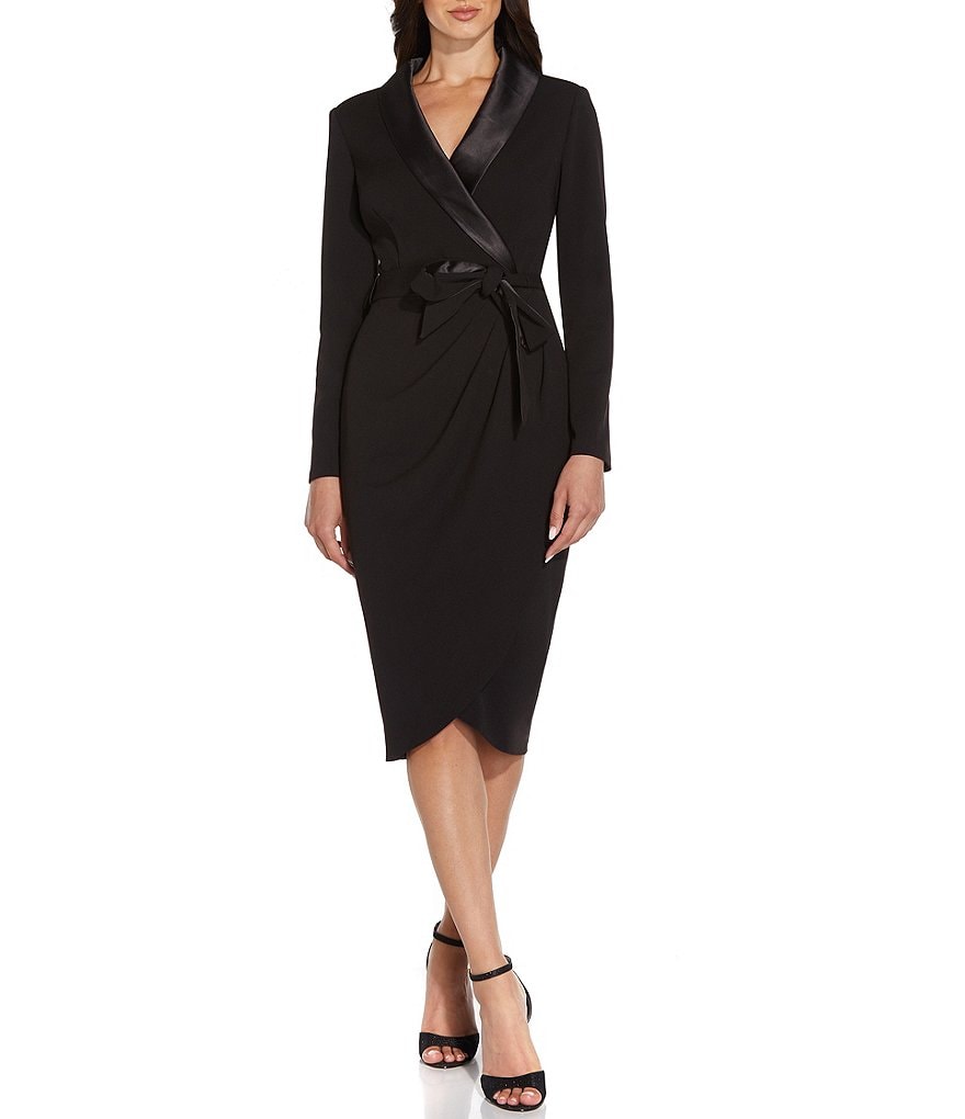 Adrianna Papell Satin Lapel Long Sleeve Wrap Tuxedo Midi Dress