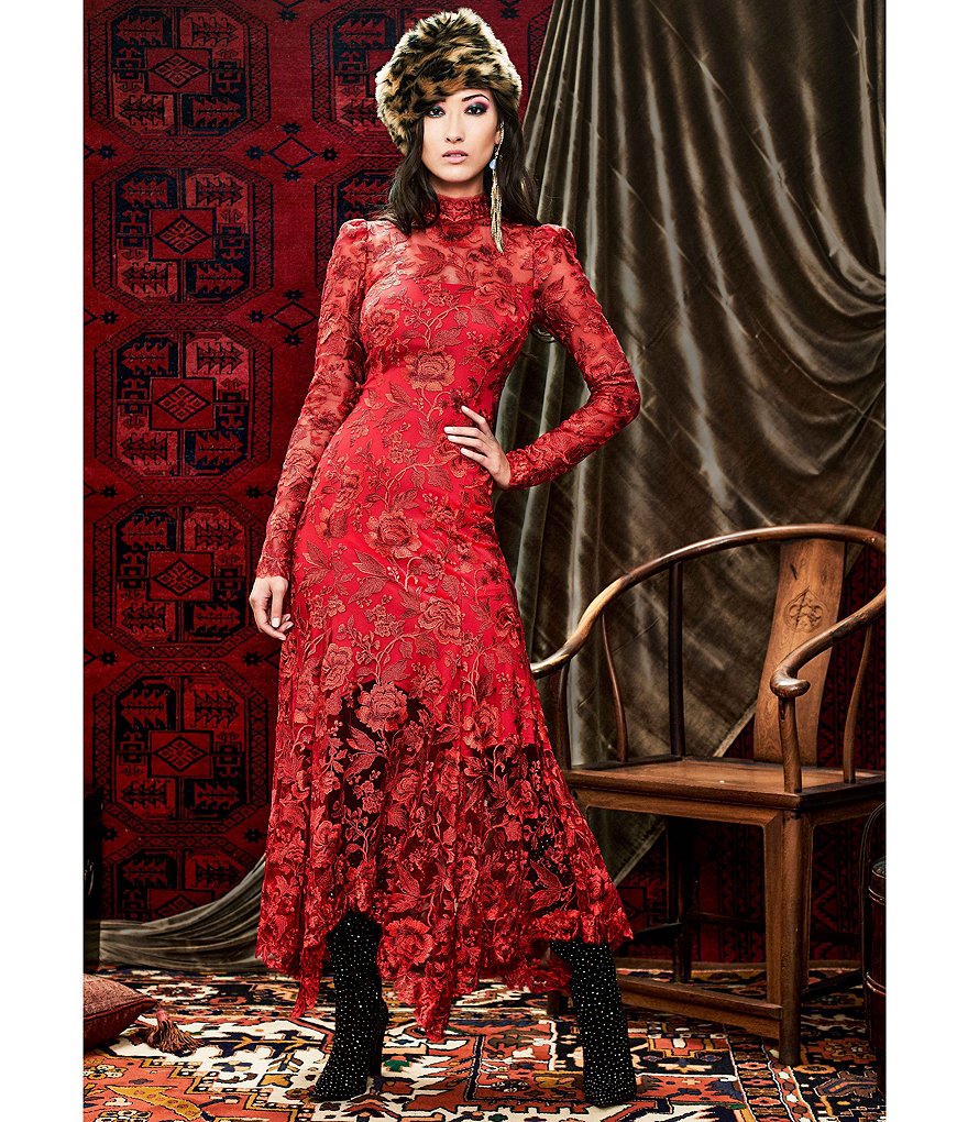 Tadashi Shoji Long Sleeve Mock Neck Handkerchief Hem Lace Dress