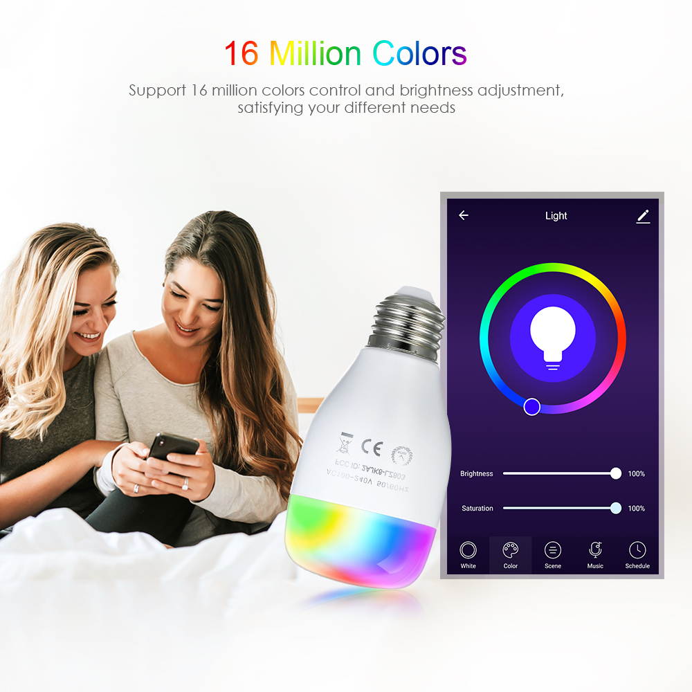 E27 Smart Wi-Fi LED Light Bulb Tunable  White & RGB Color Changing Music Lamp Voice Control APP Control Timing Function No Hub Required, Works with Alexa and Google Assistant