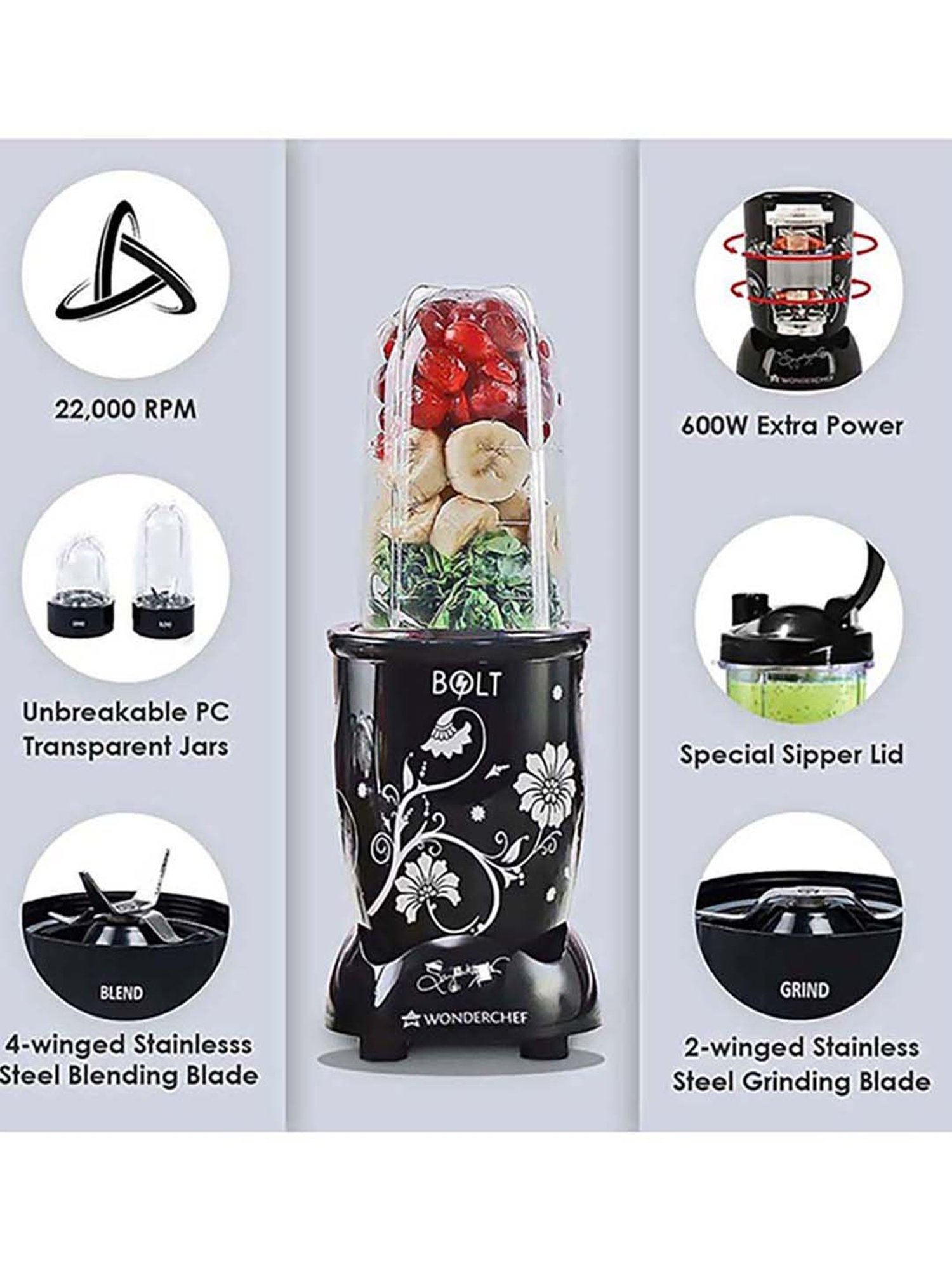 Wonderchef Nutri-Blend Bolt 600W Mixer Grinders Blender with 2 Jars (Black)