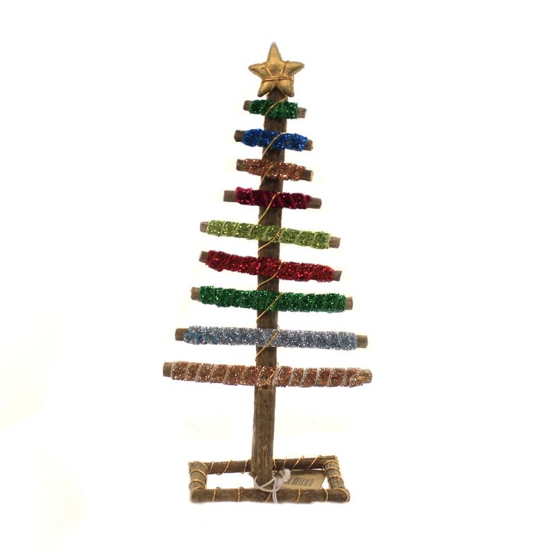 Christmas 11.5" Wrapped Log Tree Med Glittered Ribbon  -  Decorative Figurines
