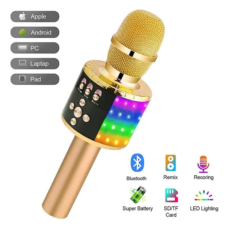 Wireless Bluetooth Karaoke Microphone with Multicolor LED Lights 4 in 1 Portable Handheld Home Party Karaoke Speaker Machine for AndroidiPhoneiPadSonyPCGolden
